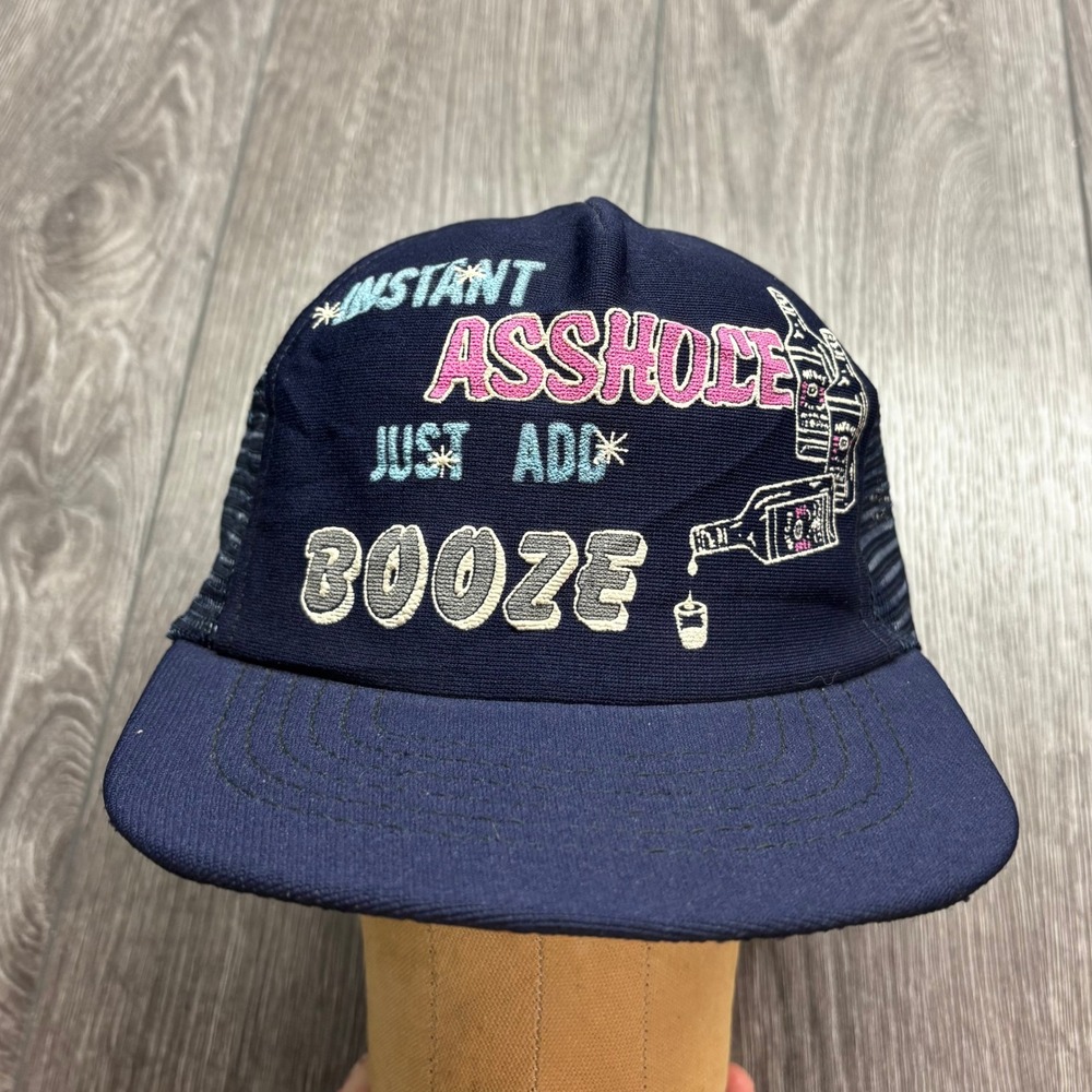 Vintage 80s Instant A hole Just Add Booze Trucker Hat Navy Blue Snapback USA